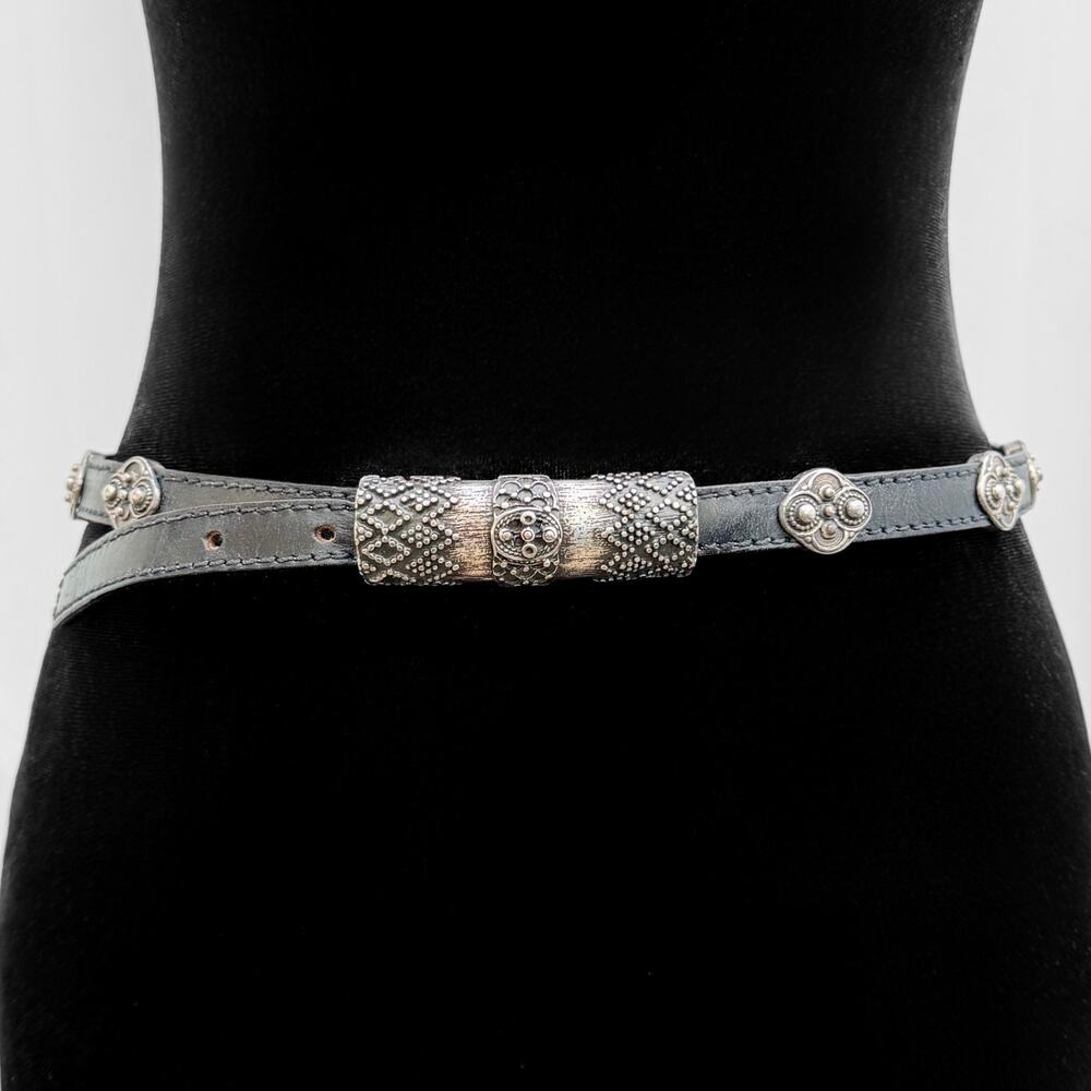 ABACO Paris Vintage Concho Silver Black Genuine Leather Belt S French Designer - Picture 3 of 10